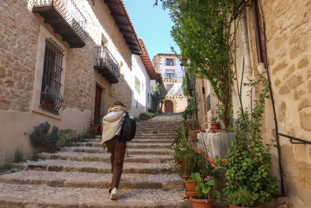 Escaleras de piedra en el casco histórico de Valderrobres con plantas y arquitectura tradicional
