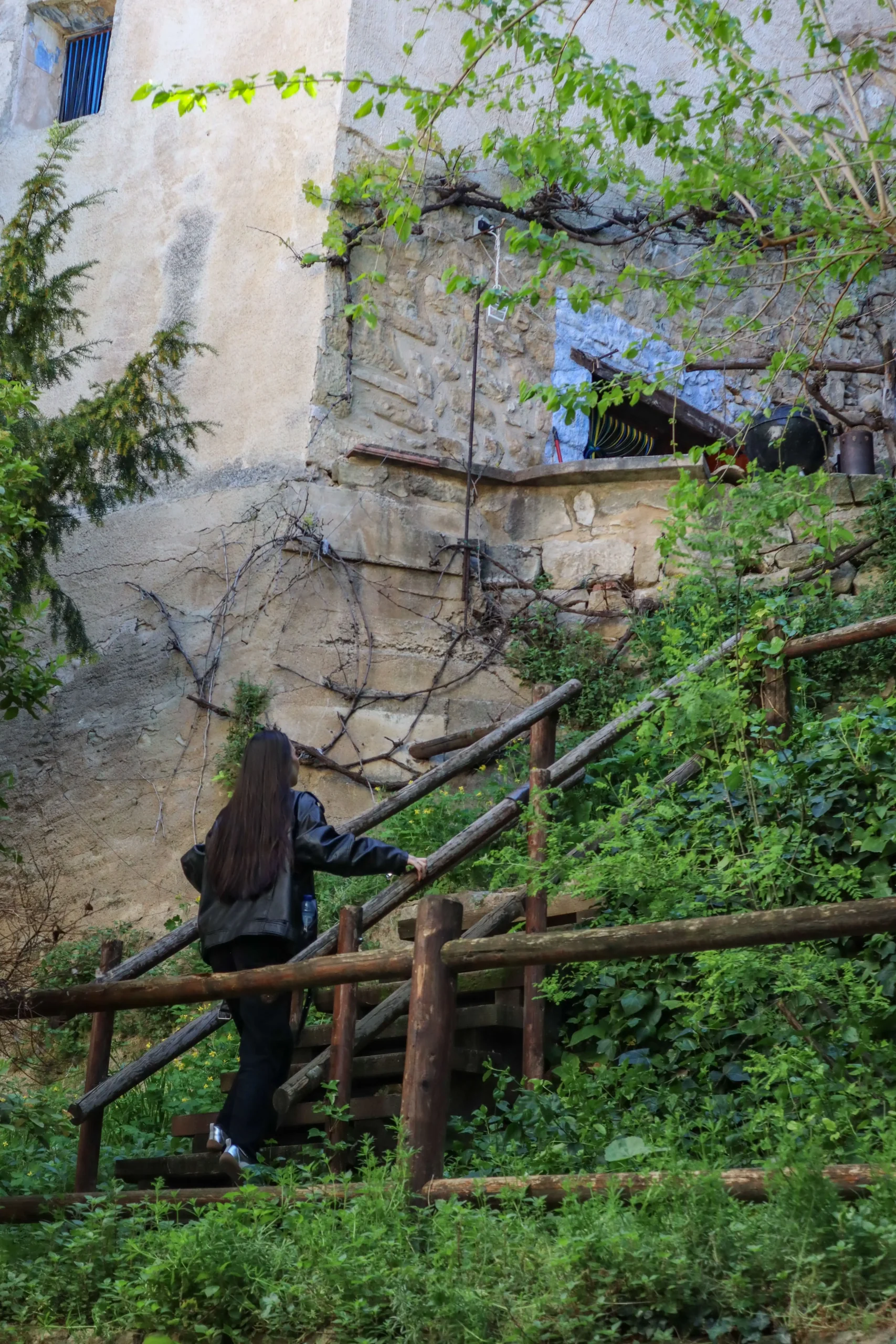 Persona subiendo por un sendero con escaleras de madera rodeado de vegetación en Valderrobres en la comarca del Matarraña
